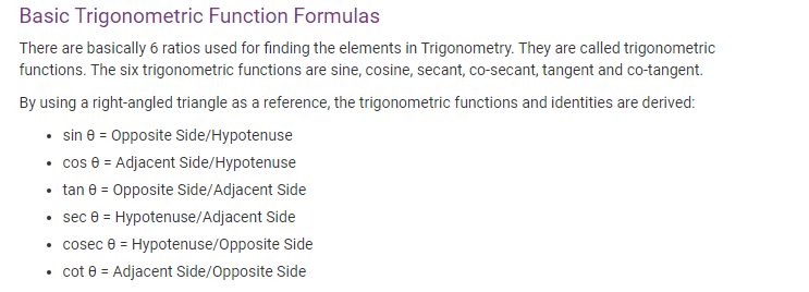 Basic Trigonometric Function Formulas