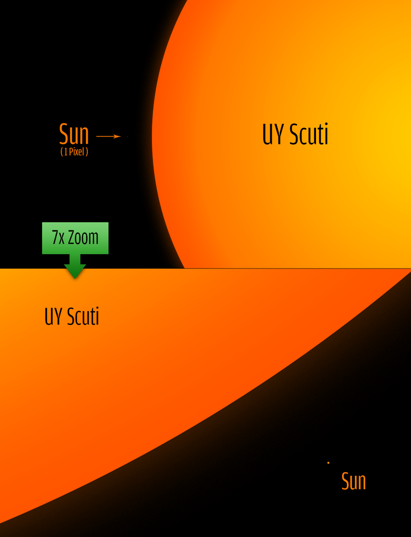 Approximate size of the star UY Scuti compared to the sun.