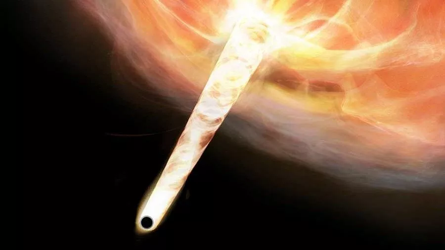 A black hole, 20 million times the size of the sun, has been discovered hurtling through space with a wake of newly formed stars in its path, earning it the nickname “Runaway”.