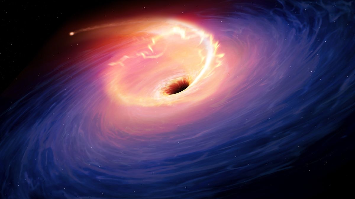 A supermassive black hole located 8.5 billion light years away is observed feasting on a violent stellar meal.