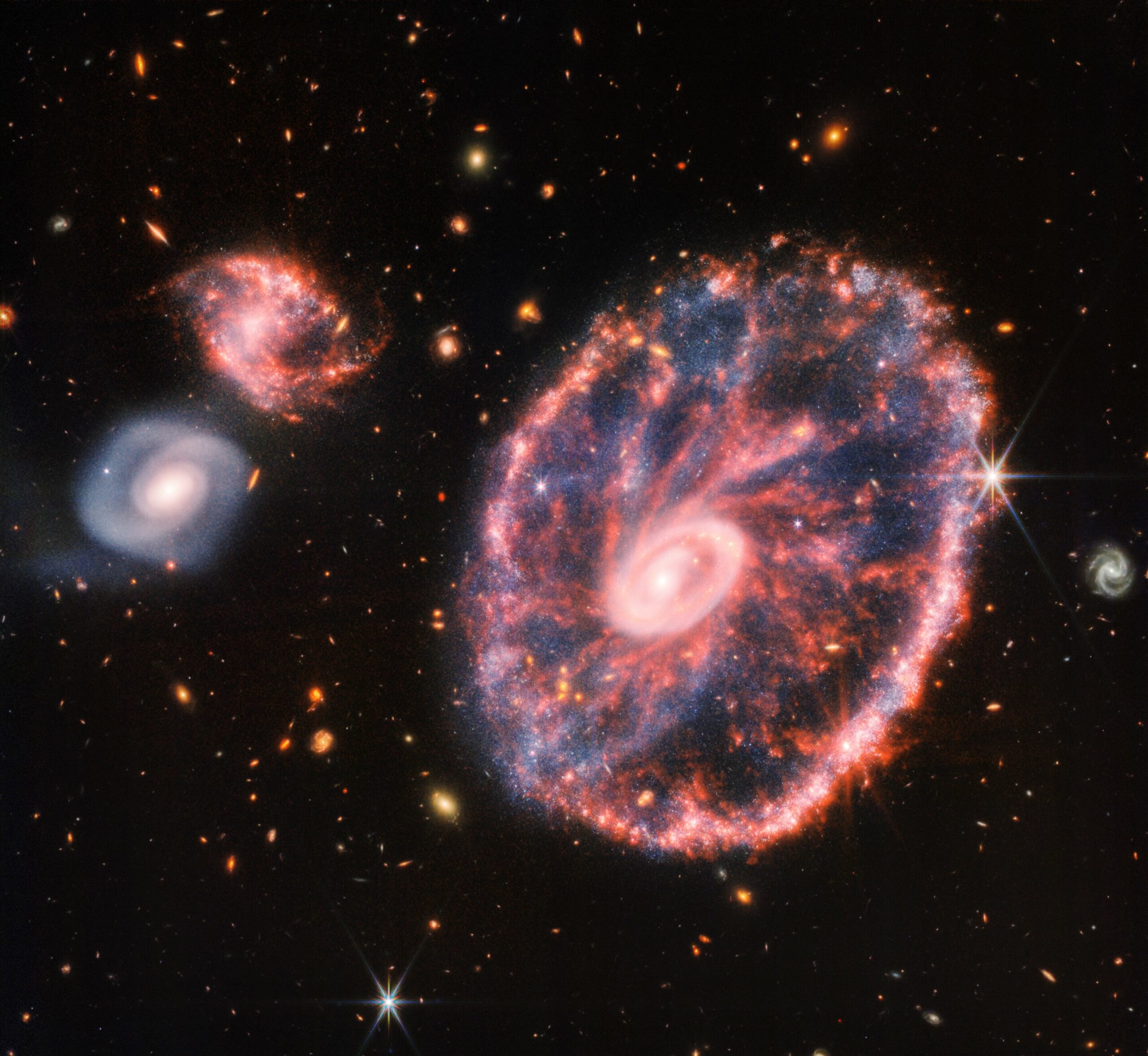 The Cartwheel Galaxy is brilliantly captured by the Webb telescope, showcasing its vibrant colors.